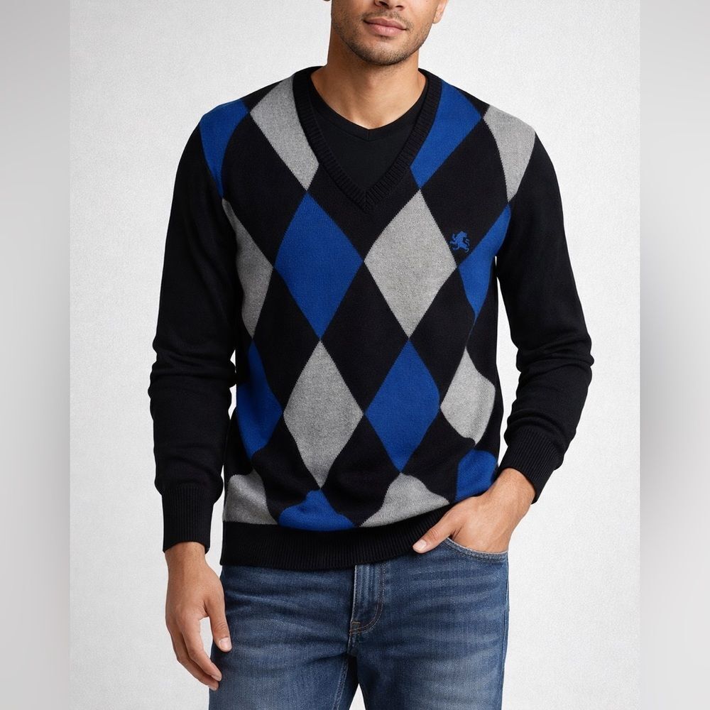 Express Argyle V-Neck Sweater Black Blue Gray 100% Cotton Men’s Size L
